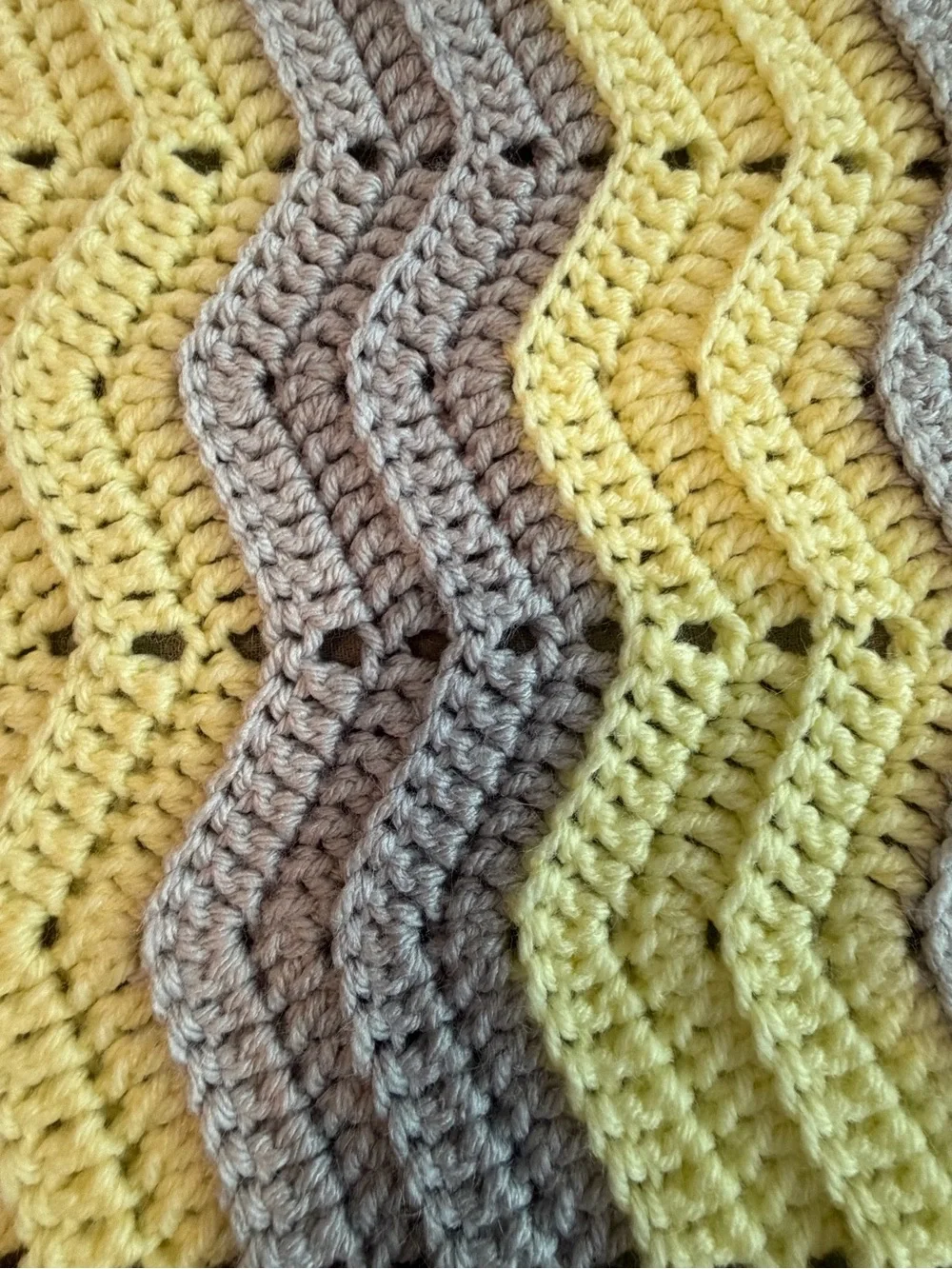 Hand Crocheted Yellow Grey Chevron Ripple Afghan Baby Blanket Throw 40x46